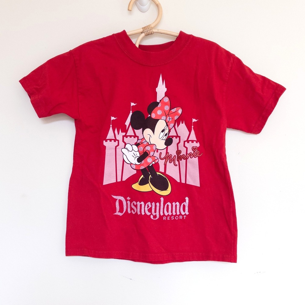 Disney Parks Minnie Mouse T-Shirt Red Glitter Disneyland Castle Kids XS 4-5